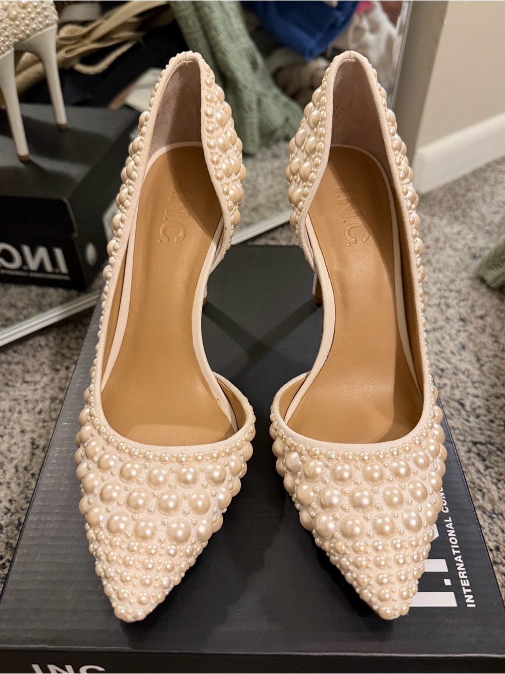 INC International Concepts Pearl-Embellished Pointed Toe Pumps - Ivory Cream
